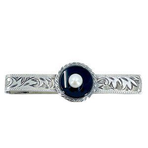 Engraved Black Onyx Deco Men's Japan Saltwater Akoya Cultured Pearl Tie Bar- 925